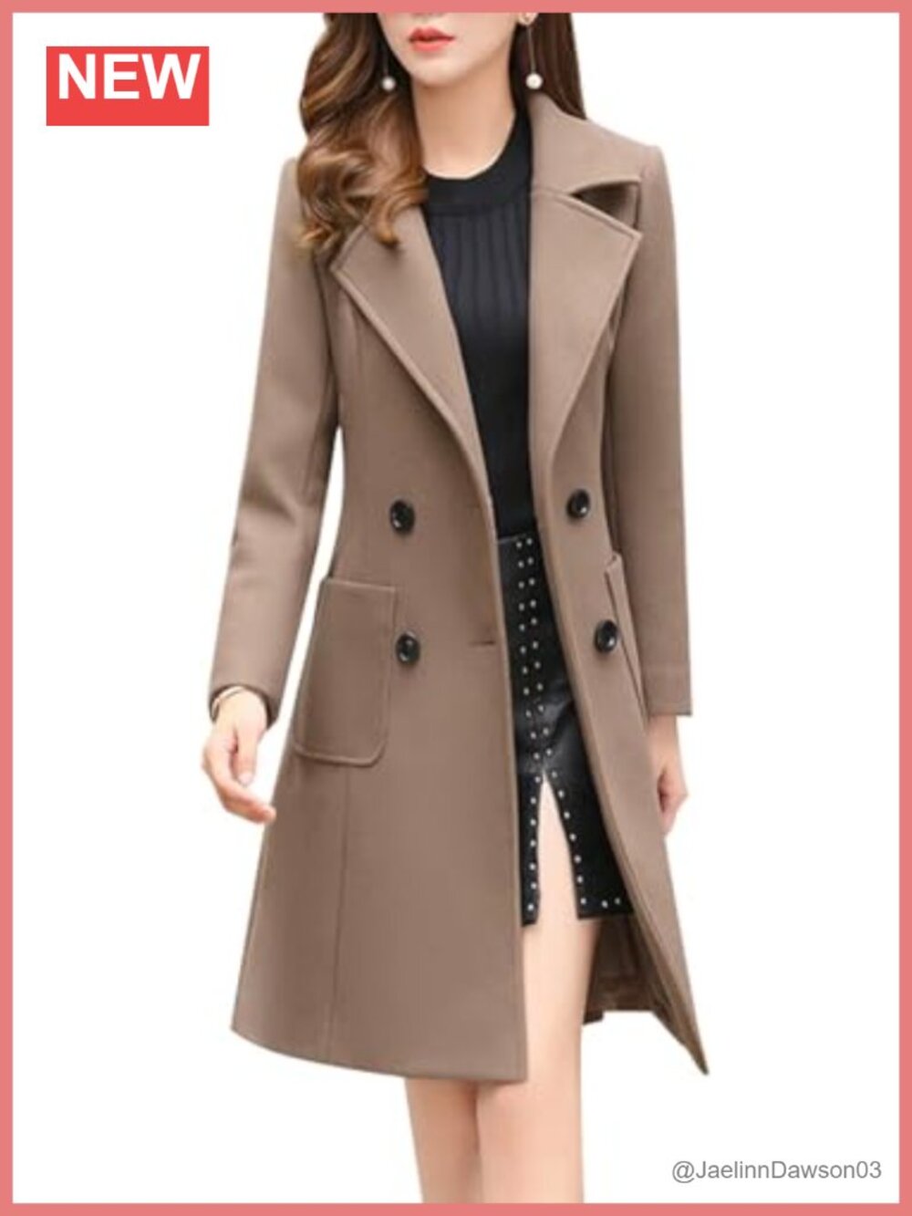 Wool Blend Pea Coat Double Breasted Notched Lapel Winter Overcoat